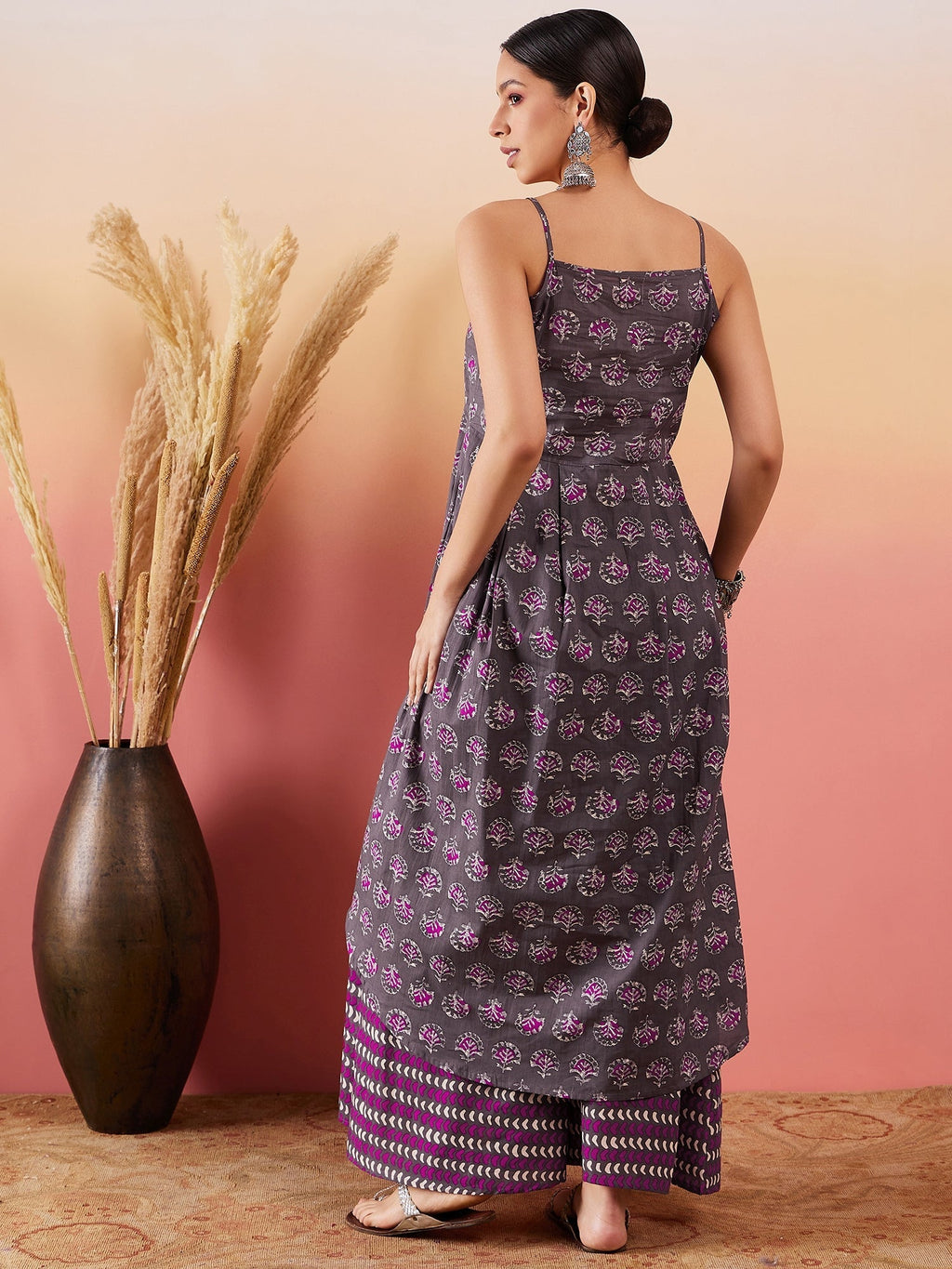 InWeave Iron Grey Floral Boota Print Strappy Printed Palazzo Set | Grocsy