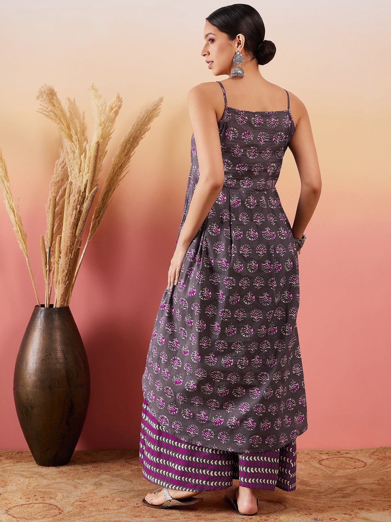 InWeave Iron Grey Floral Boota Print Strappy Printed Palazzo Set | Grocsy