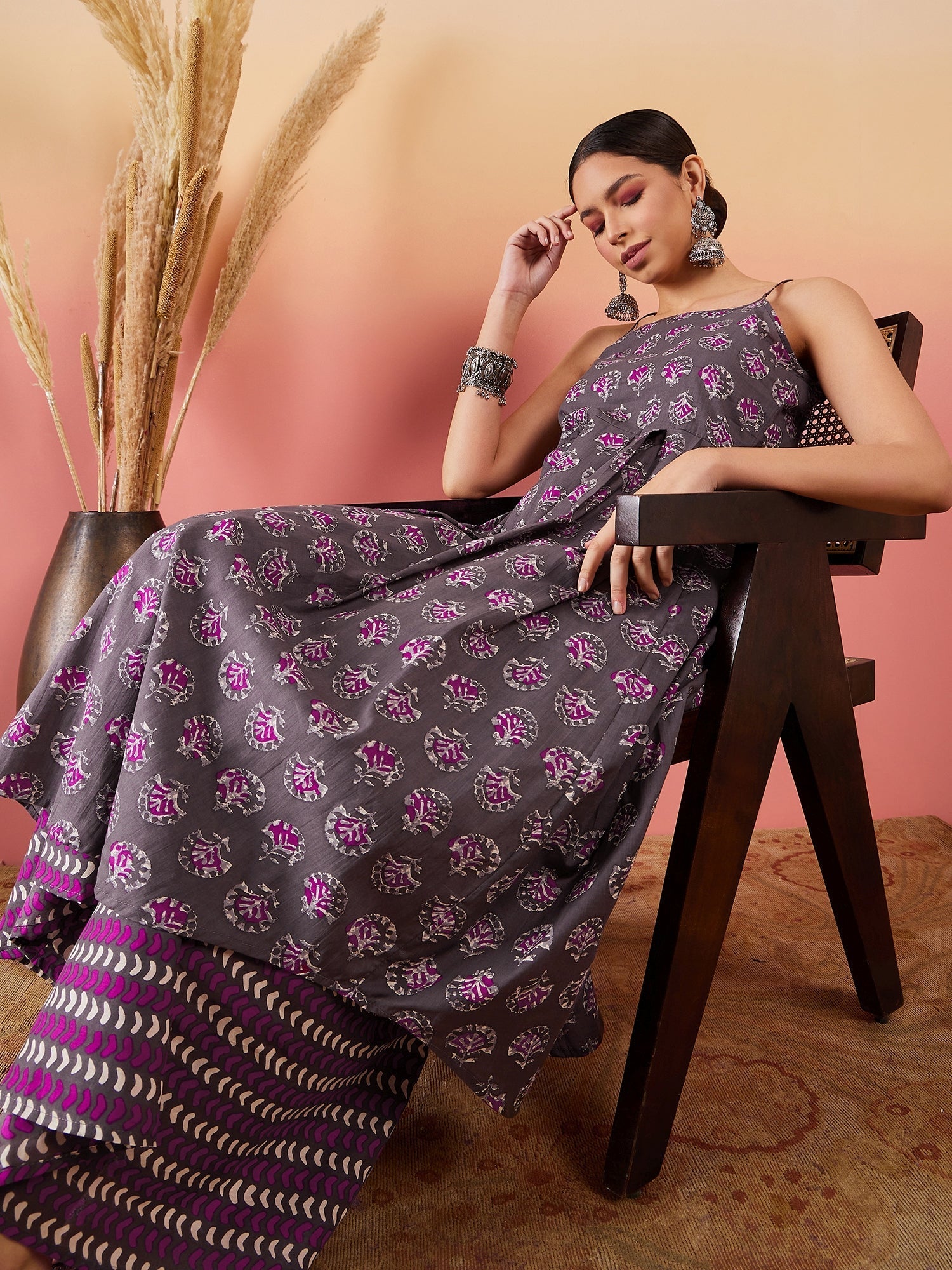 InWeave Iron Grey Floral Boota Print Strappy Printed Palazzo Set | Grocsy