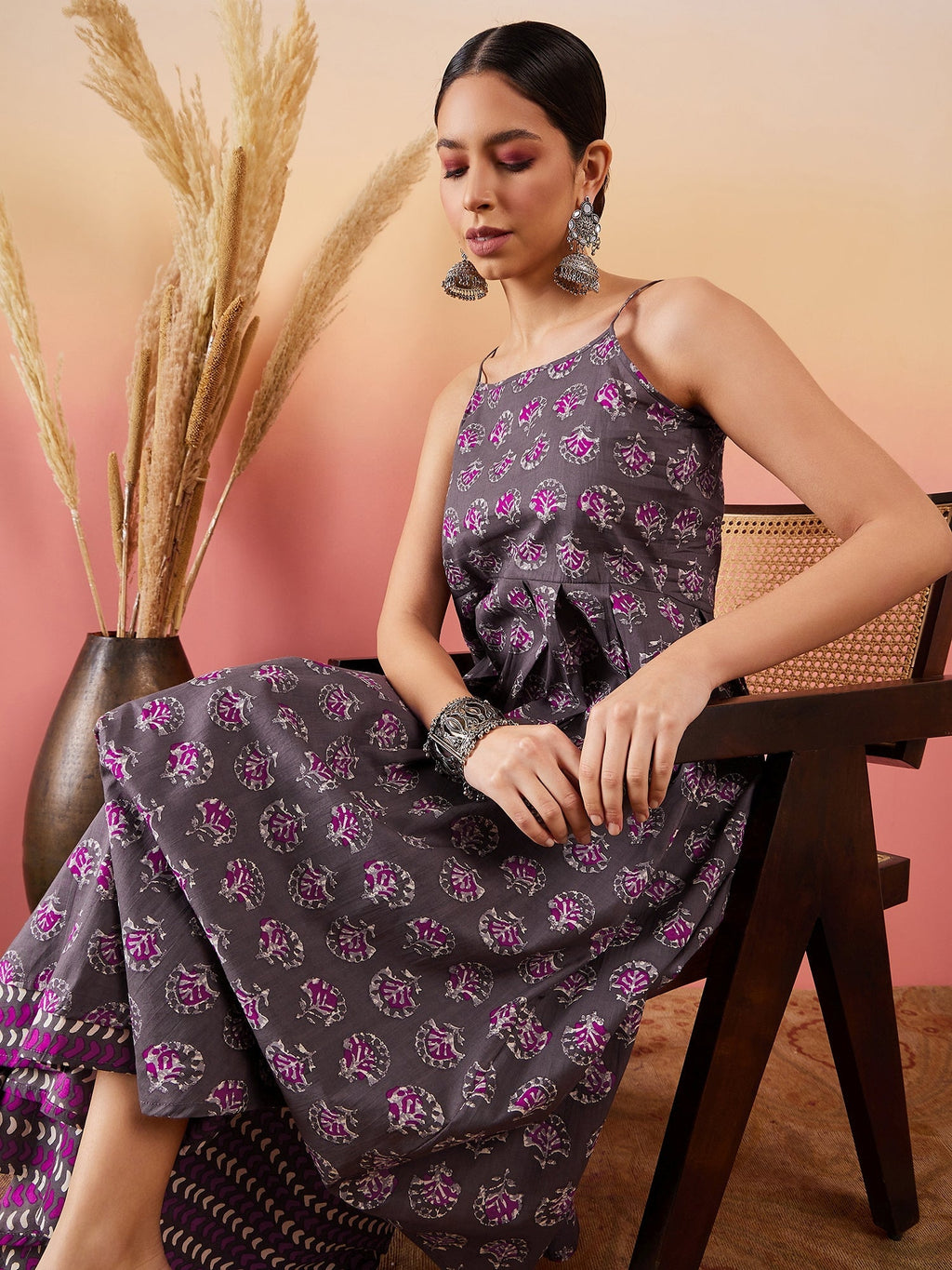 InWeave Iron Grey Floral Boota Print Strappy Printed Palazzo Set | Grocsy