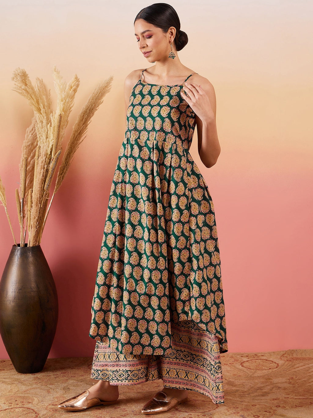 InWeave Dark Green Paisley Print Strappy Printed Palazzo Set | Grocsy