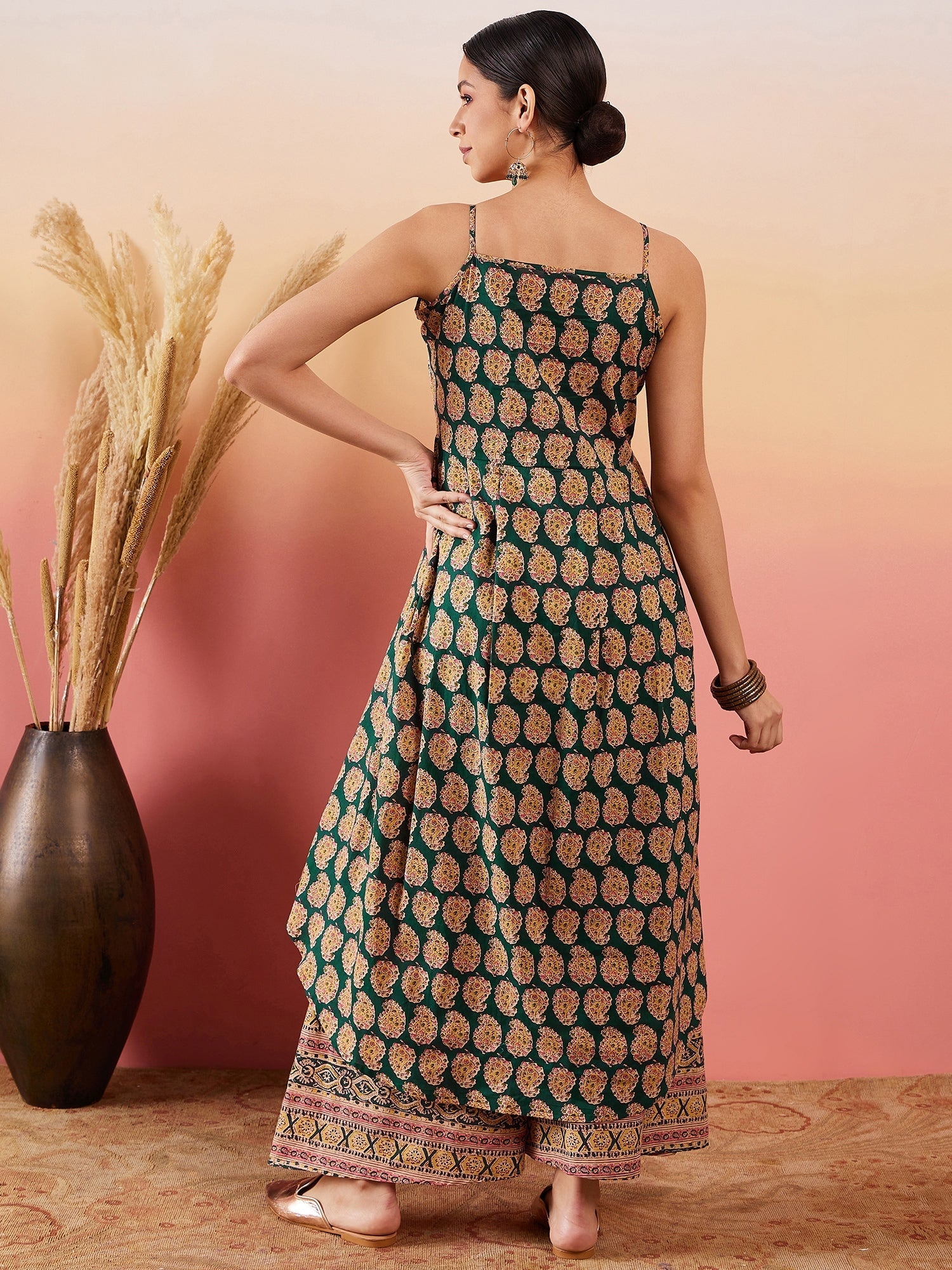InWeave Dark Green Paisley Print Strappy Printed Palazzo Set | Grocsy