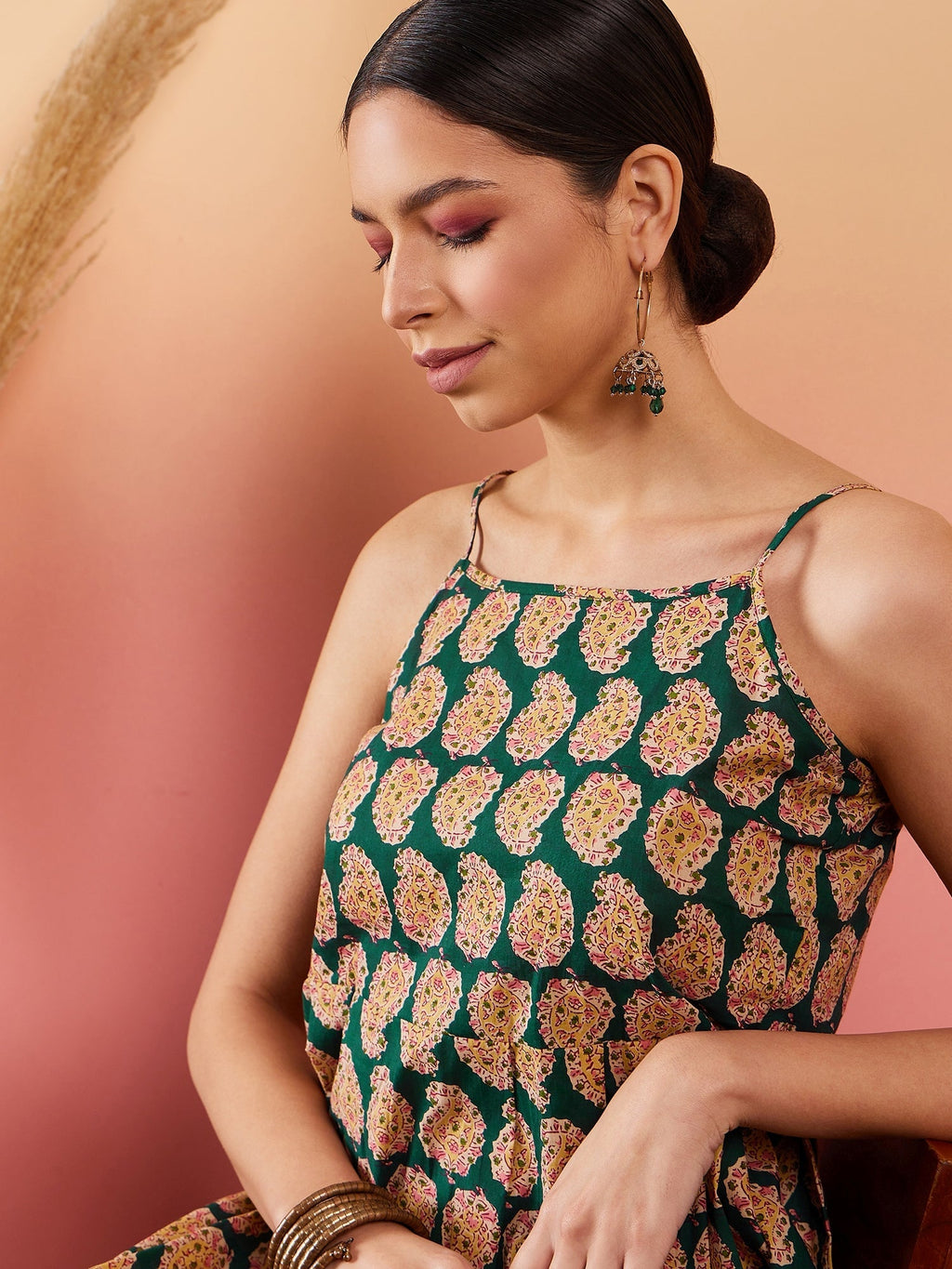InWeave Dark Green Paisley Print Strappy Printed Palazzo Set | Grocsy