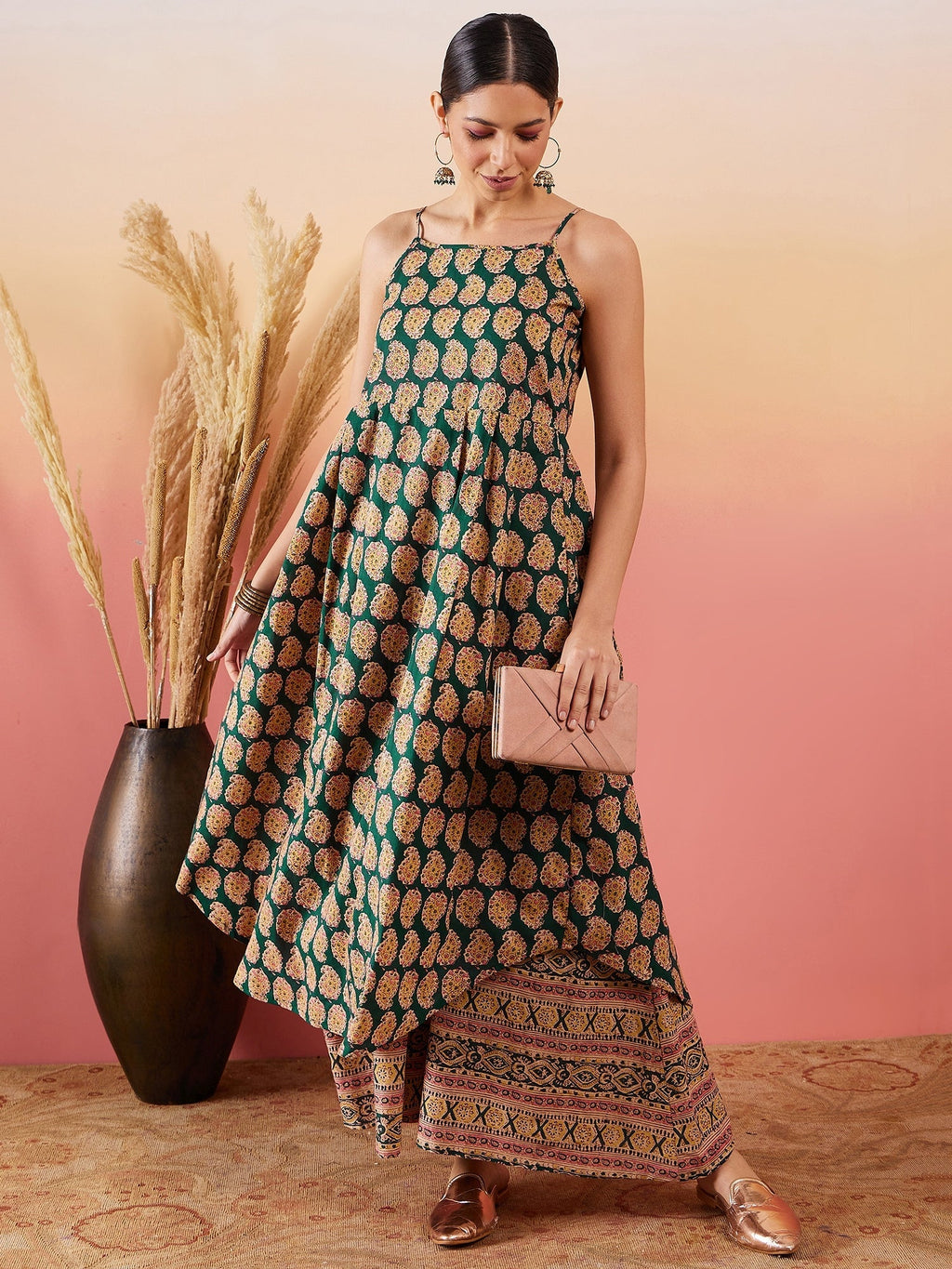 InWeave Dark Green Paisley Print Strappy Printed Palazzo Set | Grocsy