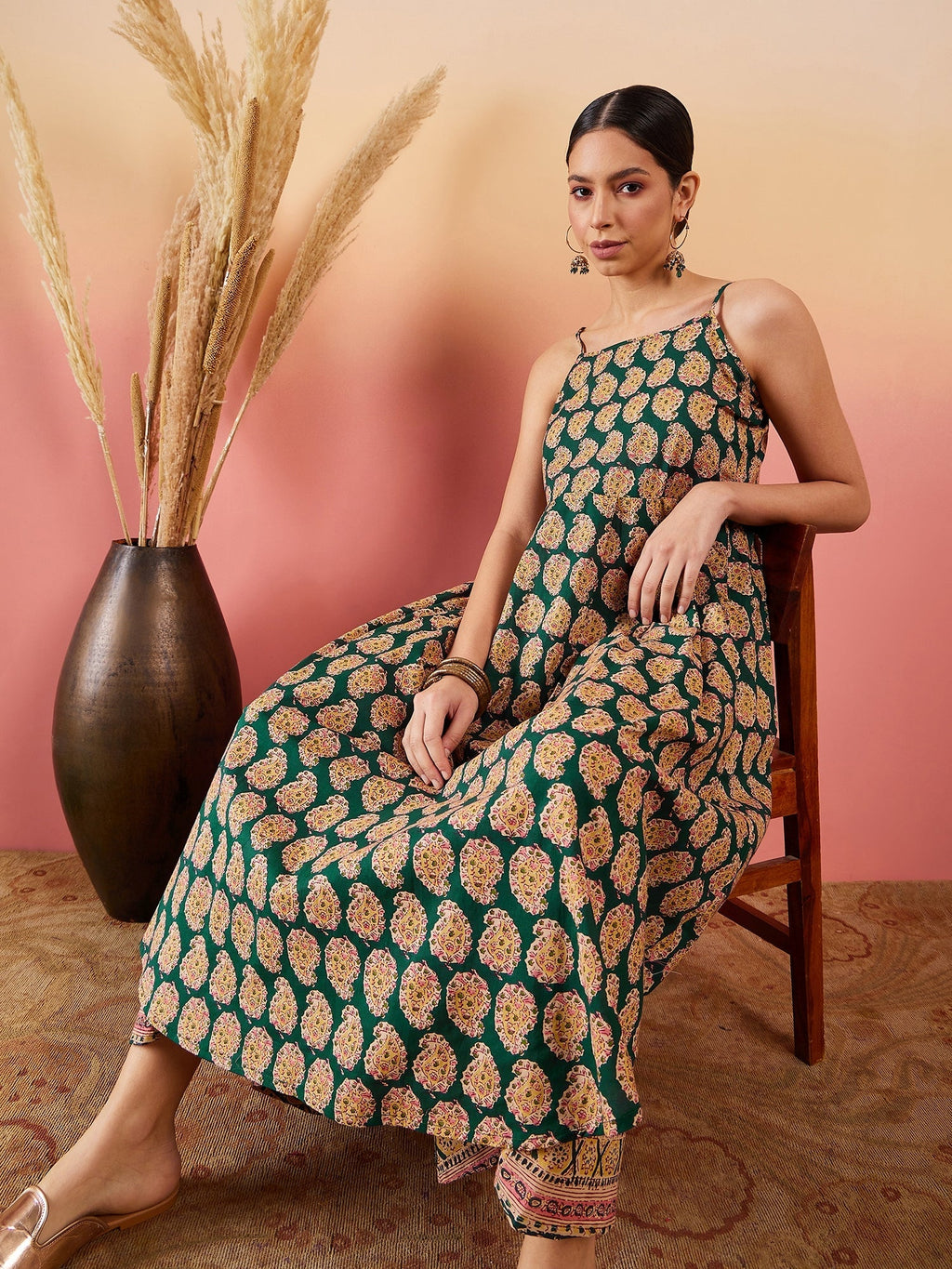 InWeave Dark Green Paisley Print Strappy Printed Palazzo Set | Grocsy