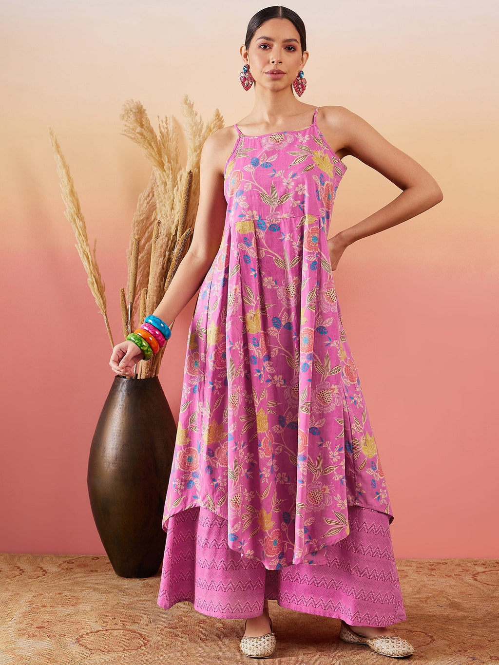 InWeave Dull Pink Floral Print Strappy Printed Palazzo Set | Grocsy