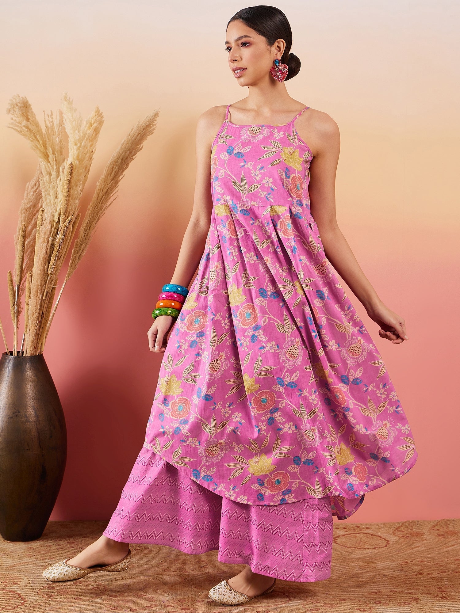 InWeave Dull Pink Floral Print Strappy Printed Palazzo Set | Grocsy