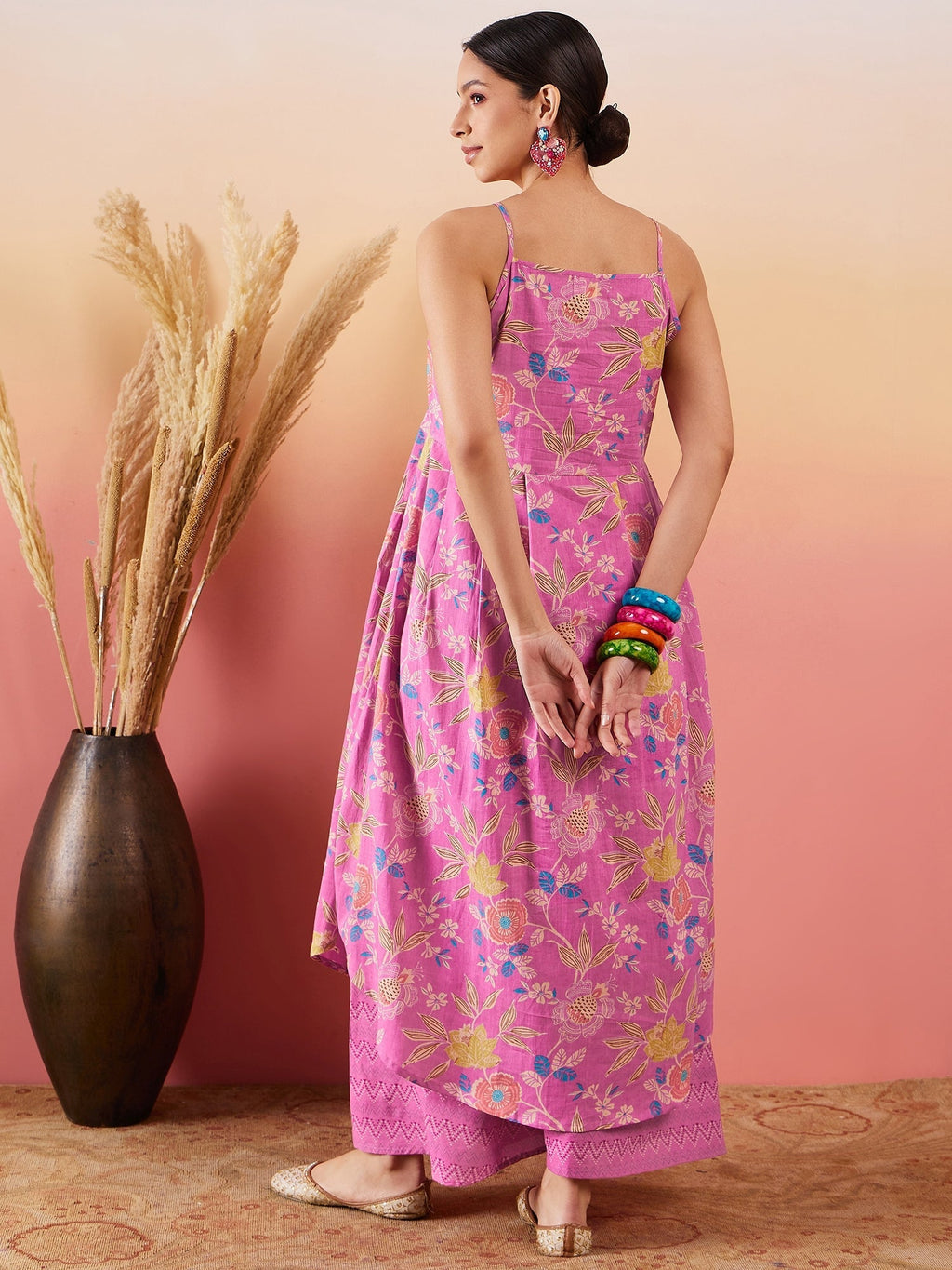 InWeave Dull Pink Floral Print Strappy Printed Palazzo Set | Grocsy