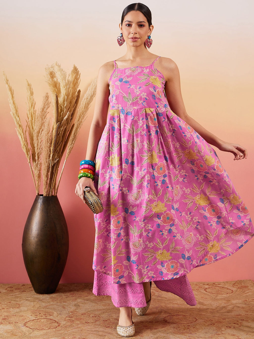 InWeave Dull Pink Floral Print Strappy Printed Palazzo Set | Grocsy