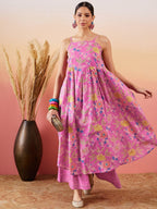 InWeave Dull Pink Floral Print Strappy Printed Palazzo Set | Grocsy
