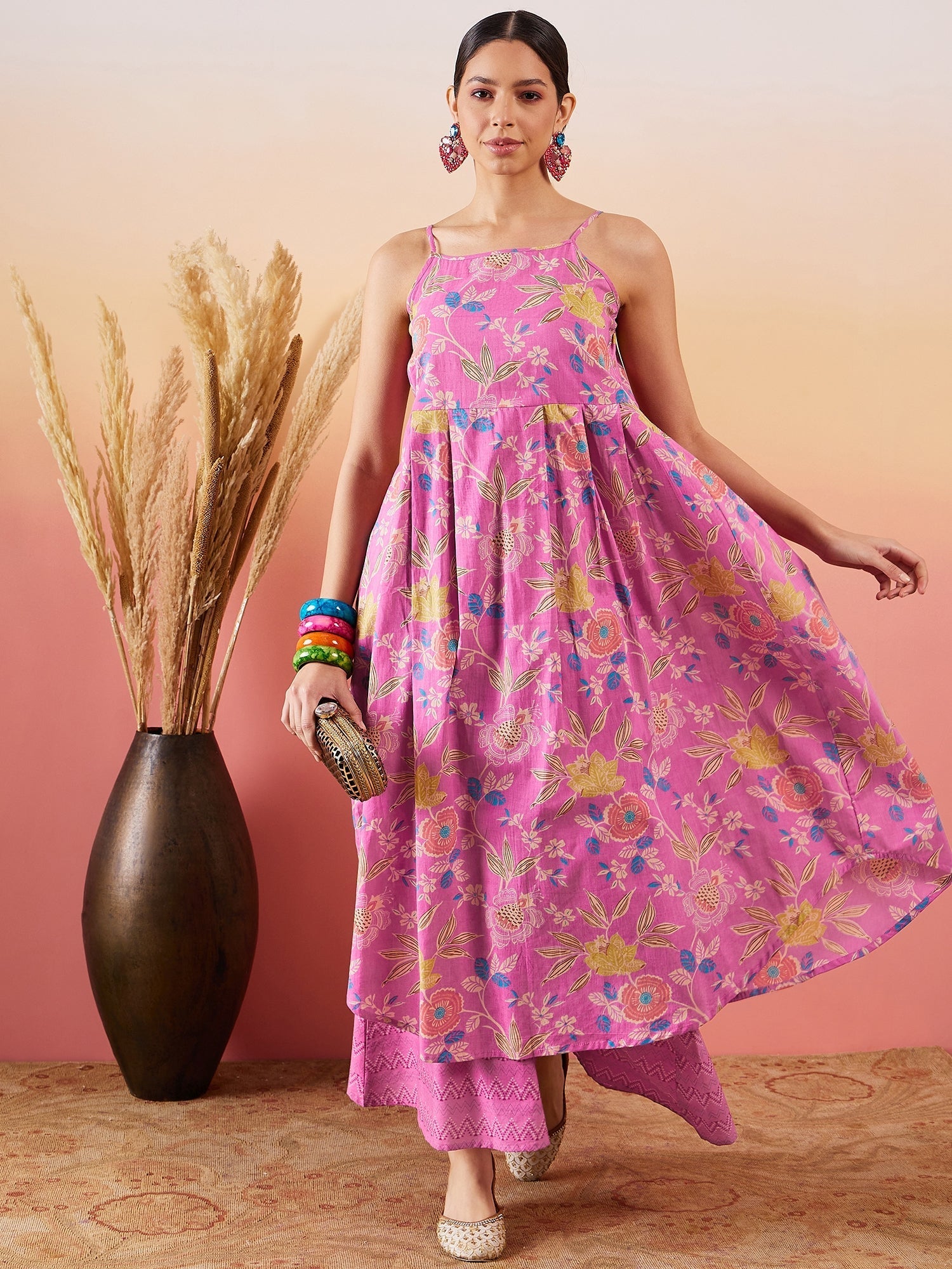 InWeave Dull Pink Floral Print Strappy Printed Palazzo Set | Grocsy