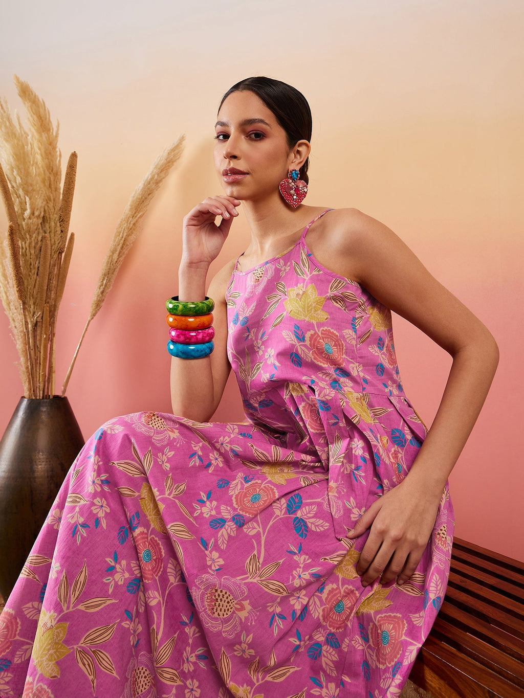 InWeave Dull Pink Floral Print Strappy Printed Palazzo Set | Grocsy