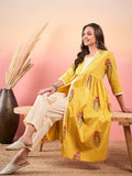 InWeave Yellow Striped V Neck Lace Front Slit Kurta Pant Set | Grocsy