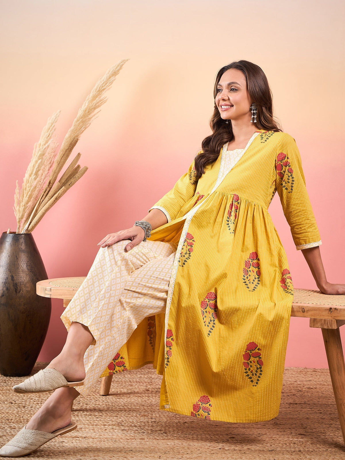 InWeave Yellow Striped V Neck Lace Front Slit Kurta Pant Set | Grocsy