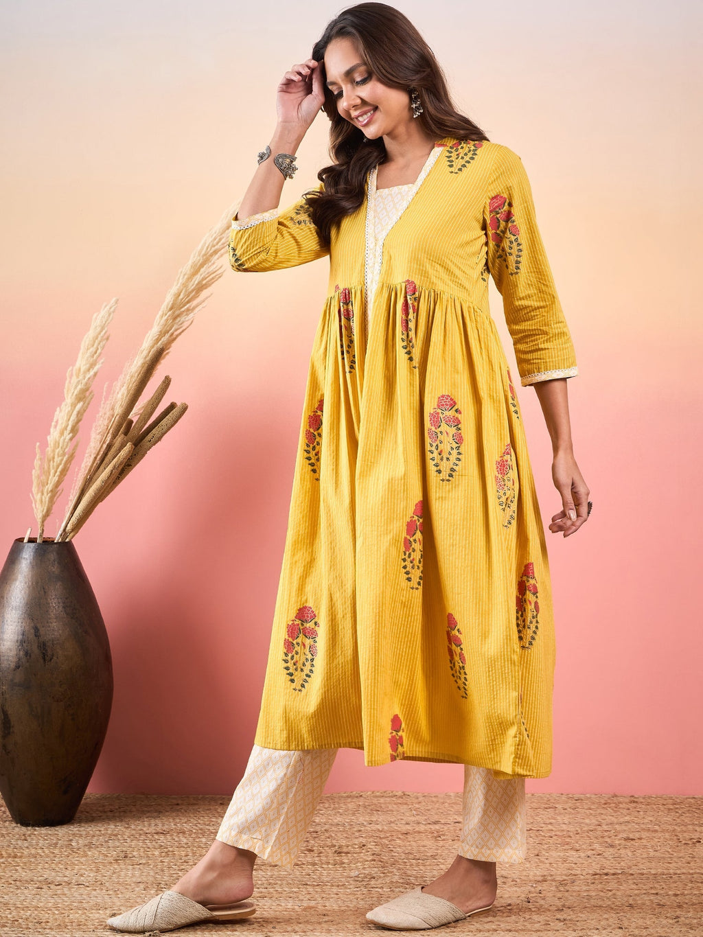 InWeave Yellow Striped V Neck Lace Front Slit Kurta Pant Set | Grocsy