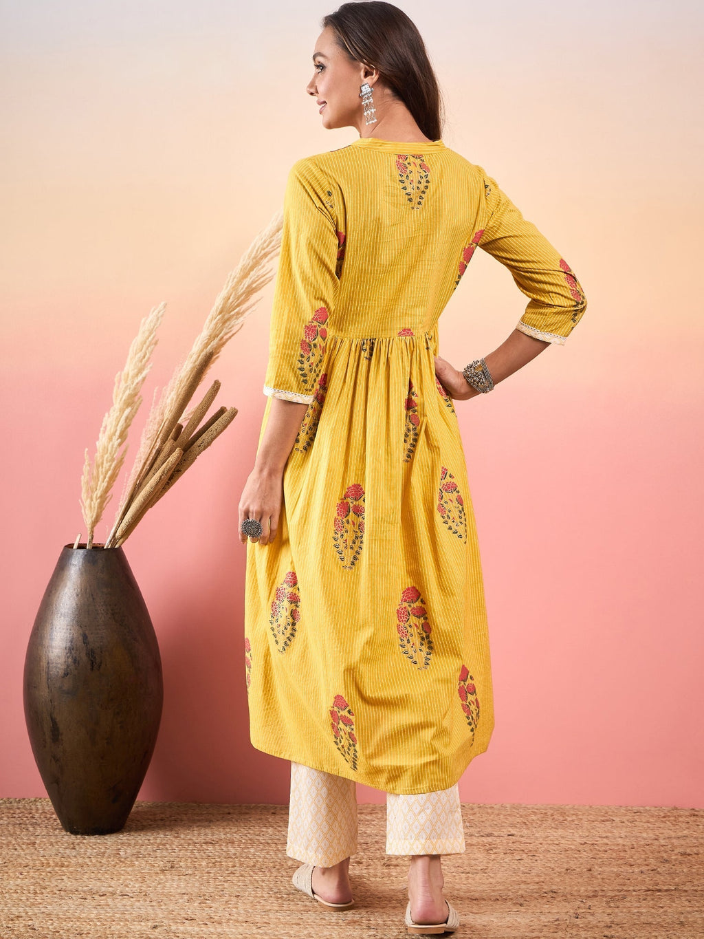 InWeave Yellow Striped V Neck Lace Front Slit Kurta Pant Set | Grocsy