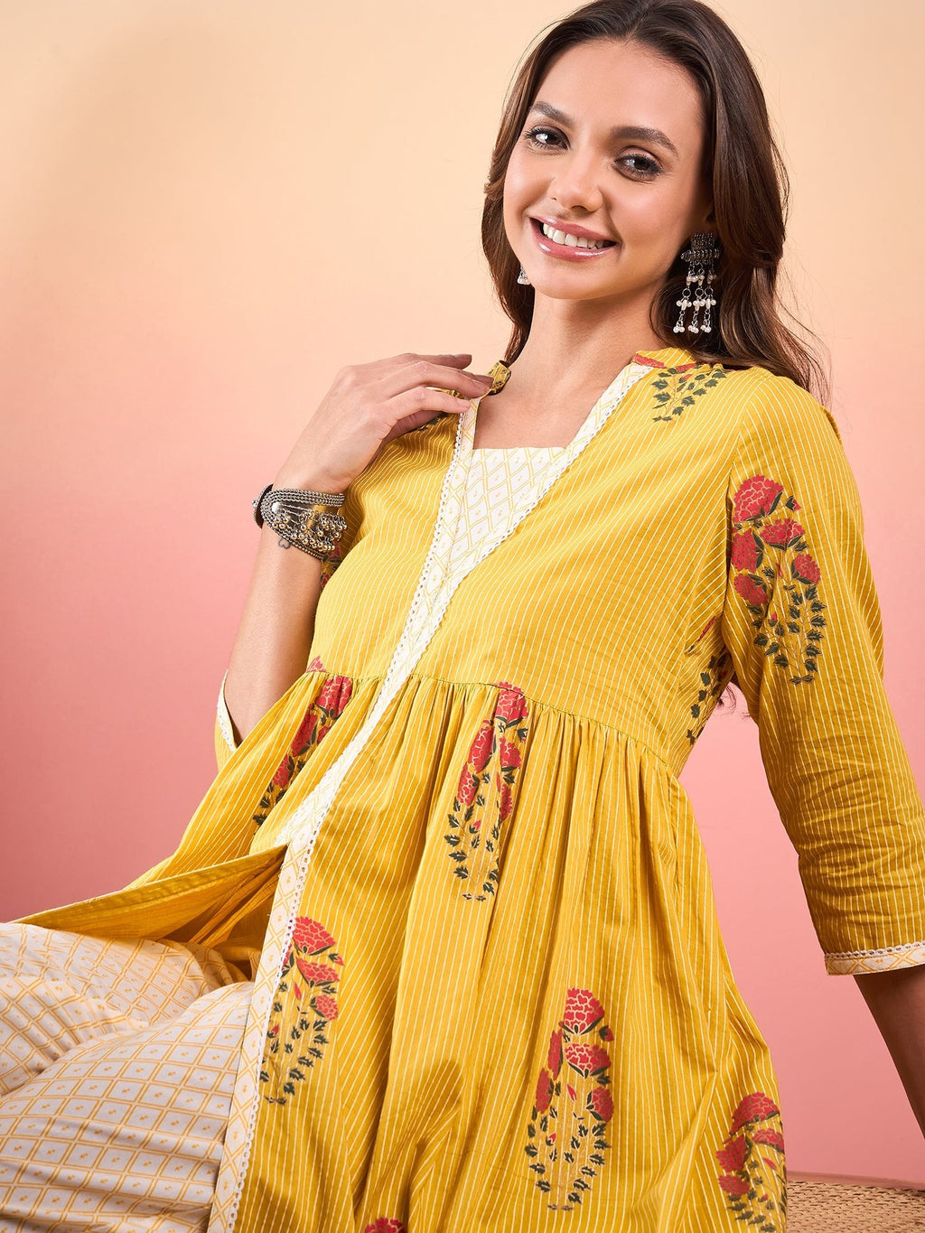 InWeave Yellow Striped V Neck Lace Front Slit Kurta Pant Set | Grocsy