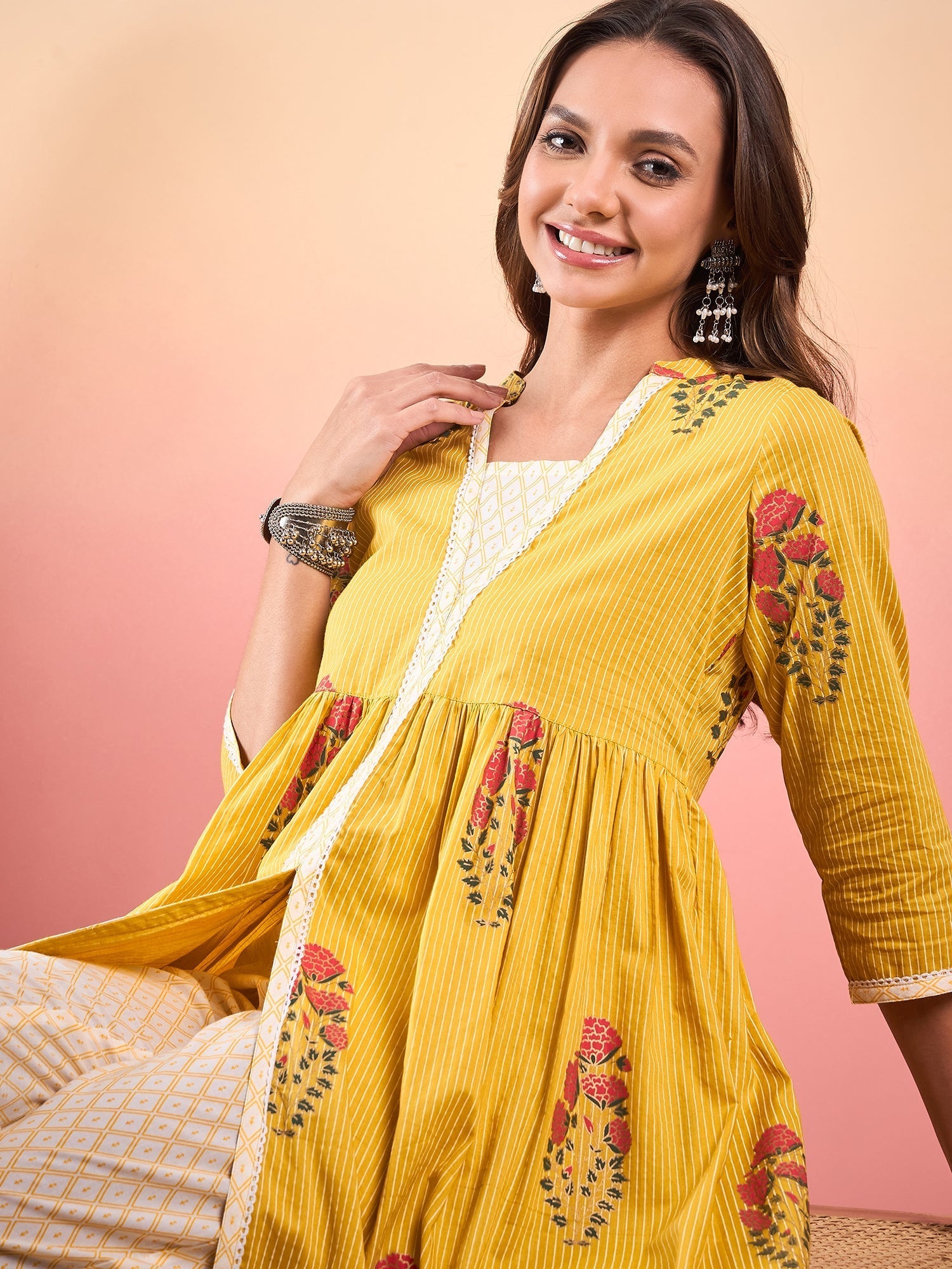 InWeave Yellow Striped V Neck Lace Front Slit Kurta Pant Set | Grocsy