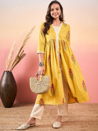 InWeave Yellow Striped V Neck Lace Front Slit Kurta Pant Set | Grocsy