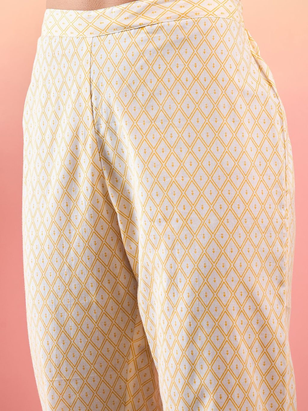 InWeave Yellow Striped V Neck Lace Front Slit Kurta Pant Set | Grocsy