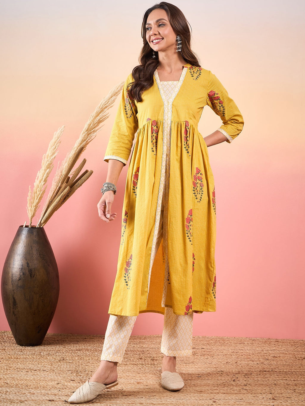 InWeave Yellow Striped V Neck Lace Front Slit Kurta Pant Set | Grocsy