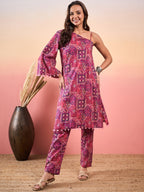InWeave Pink Violet Printed One Shoulder Strapp Kurta Set | Grocsy