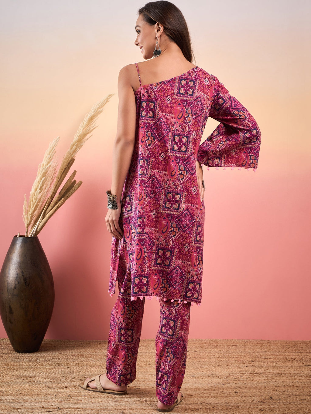 InWeave Pink Violet Printed One Shoulder Strapp Kurta Set | Grocsy