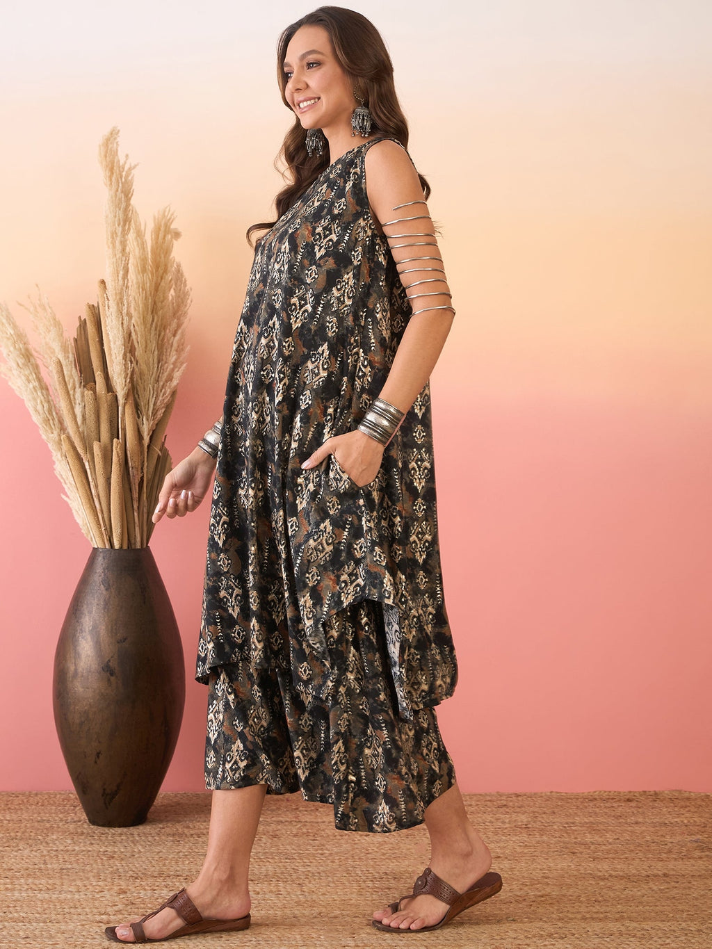 InWeave Black Ikkat Print Foil Round Neck Palazzo Set | Grocsy