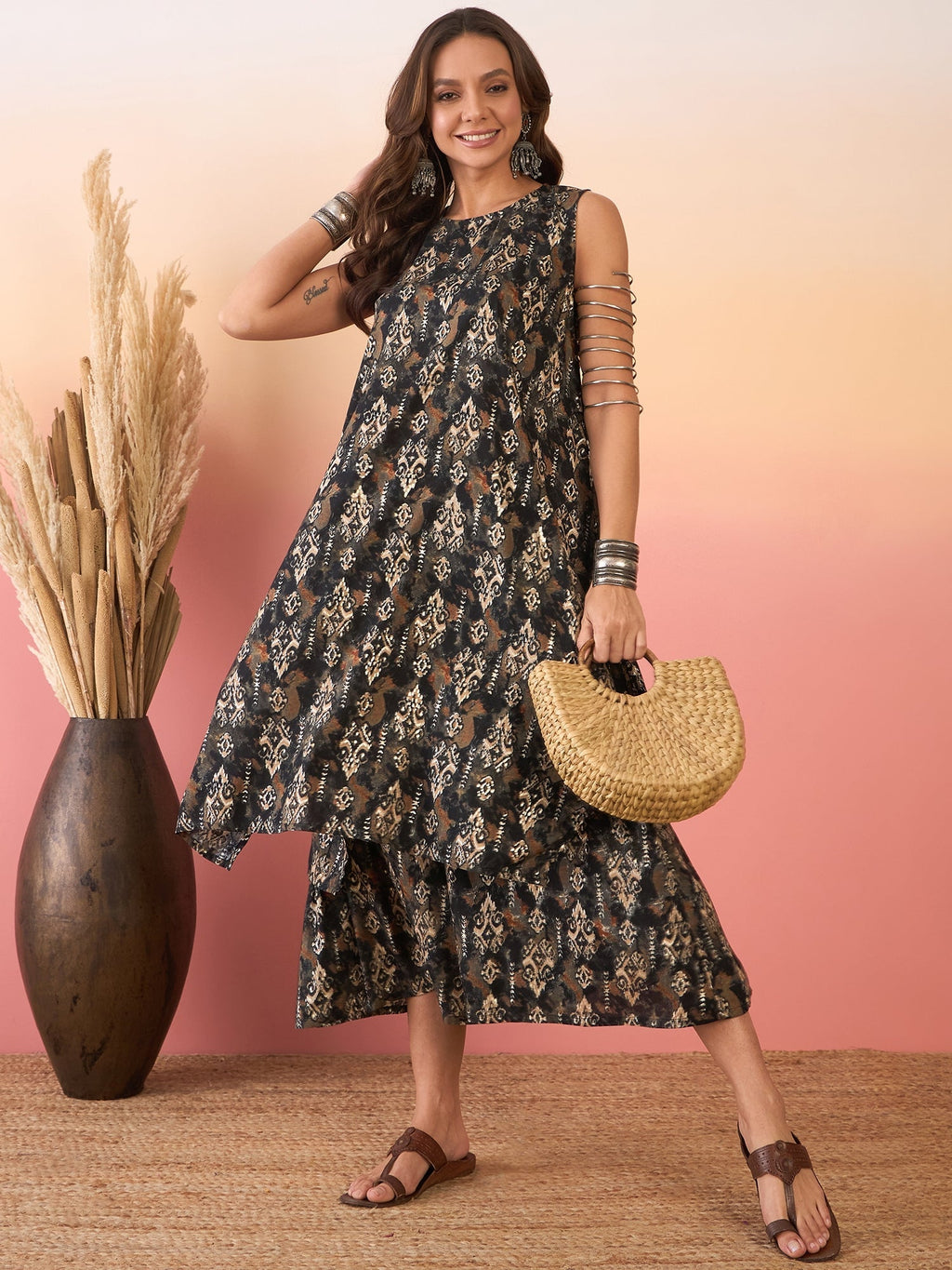 InWeave Black Ikkat Print Foil Round Neck Palazzo Set | Grocsy