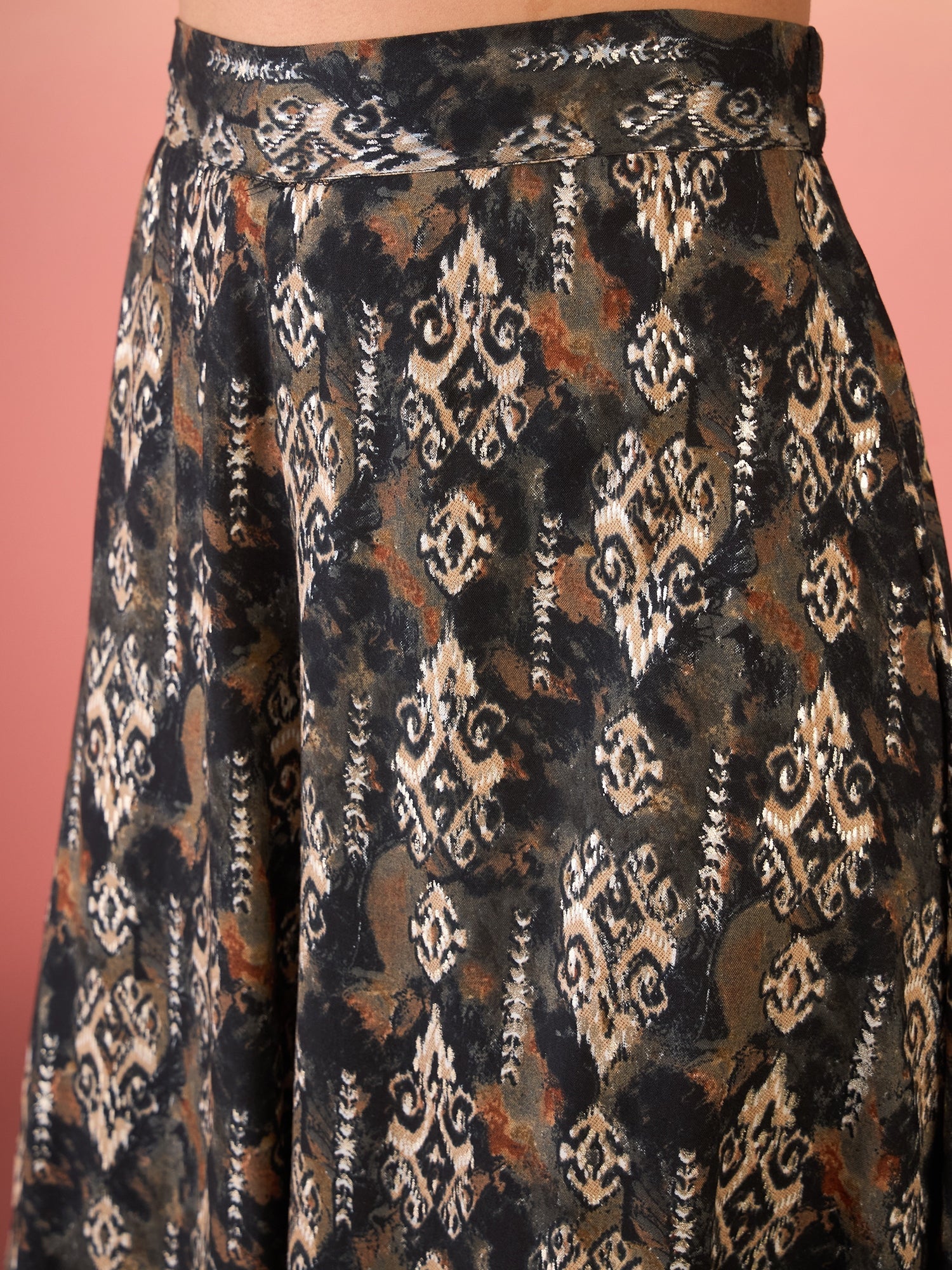 InWeave Black Ikkat Print Foil Round Neck Palazzo Set | Grocsy