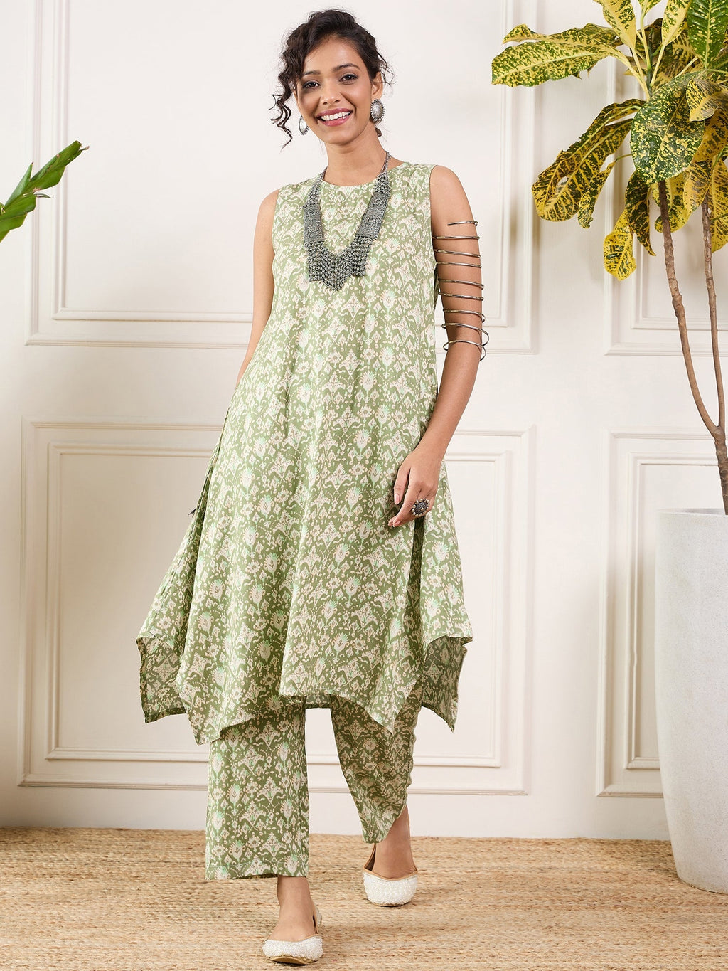 InWeave Apple Green Ikkat Print Foil Round Neck Kurta Pant Set | Grocsy