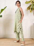 InWeave Apple Green Ikkat Print Foil Round Neck Kurta Pant Set | Grocsy