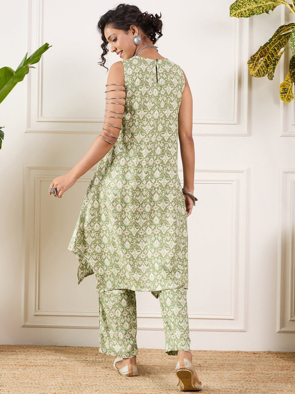 InWeave Apple Green Ikkat Print Foil Round Neck Kurta Pant Set | Grocsy