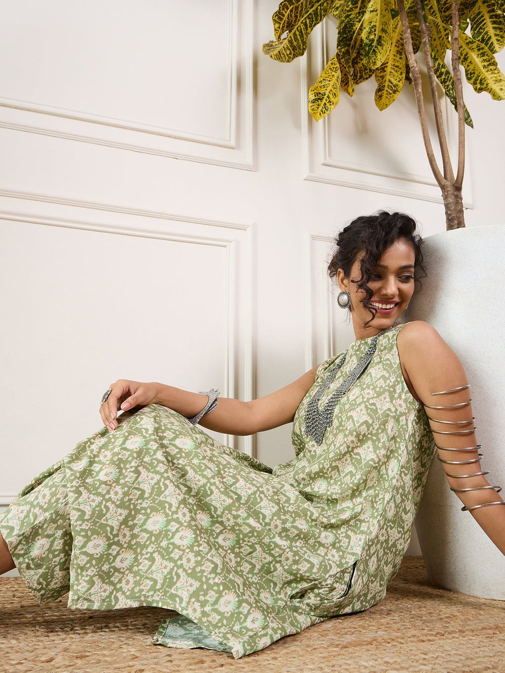 InWeave Apple Green Ikkat Print Foil Round Neck Kurta Pant Set | Grocsy