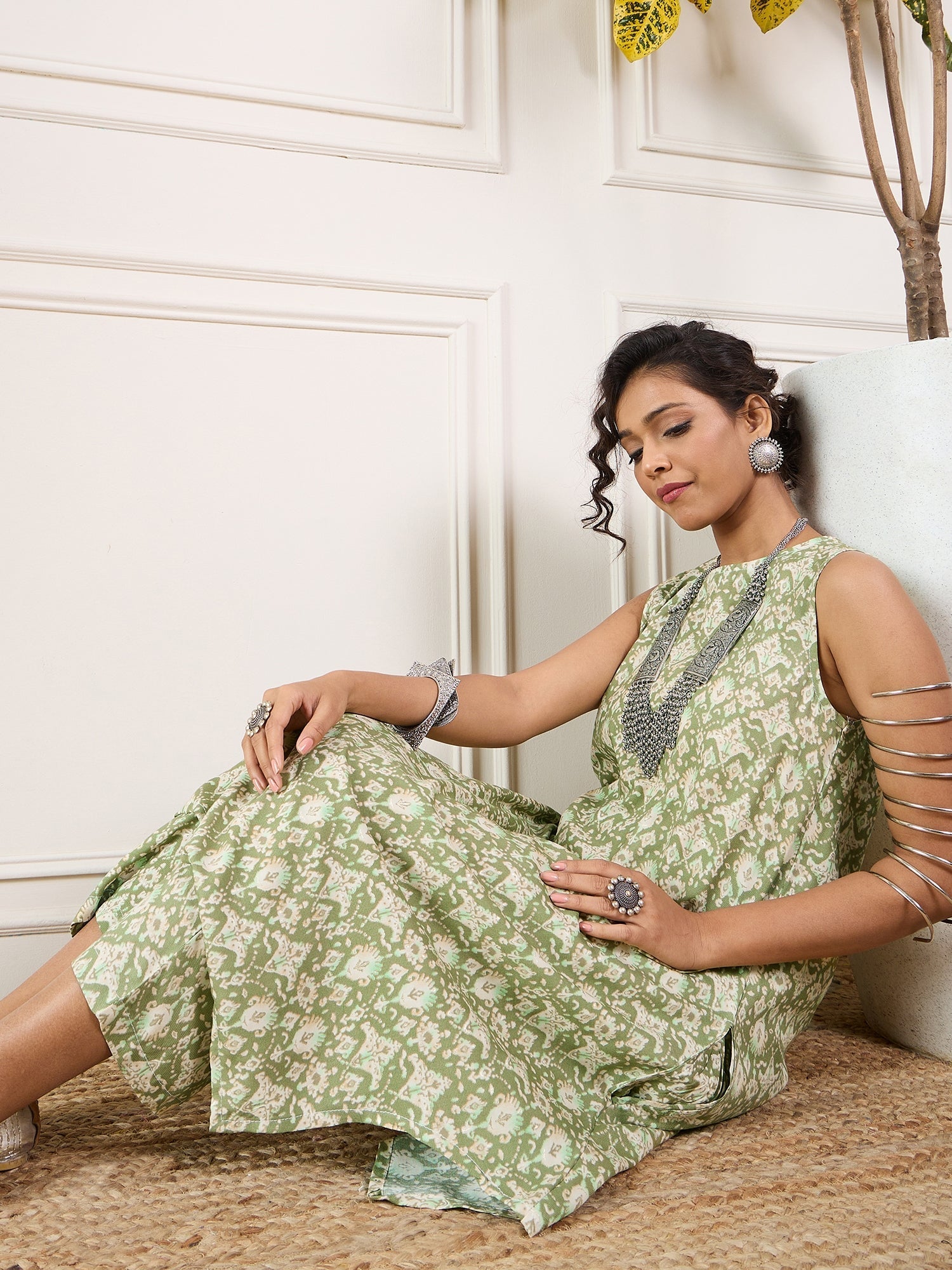 InWeave Apple Green Ikkat Print Foil Round Neck Kurta Pant Set | Grocsy