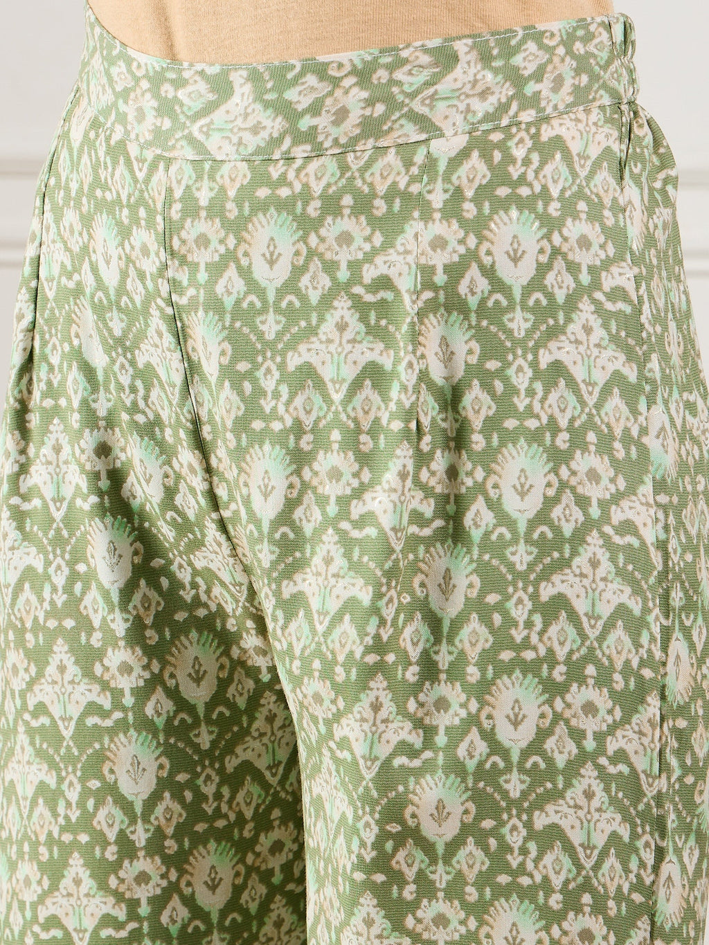 InWeave Apple Green Ikkat Print Foil Round Neck Kurta Pant Set | Grocsy
