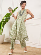 InWeave Apple Green Ikkat Print Foil Round Neck Kurta Pant Set | Grocsy