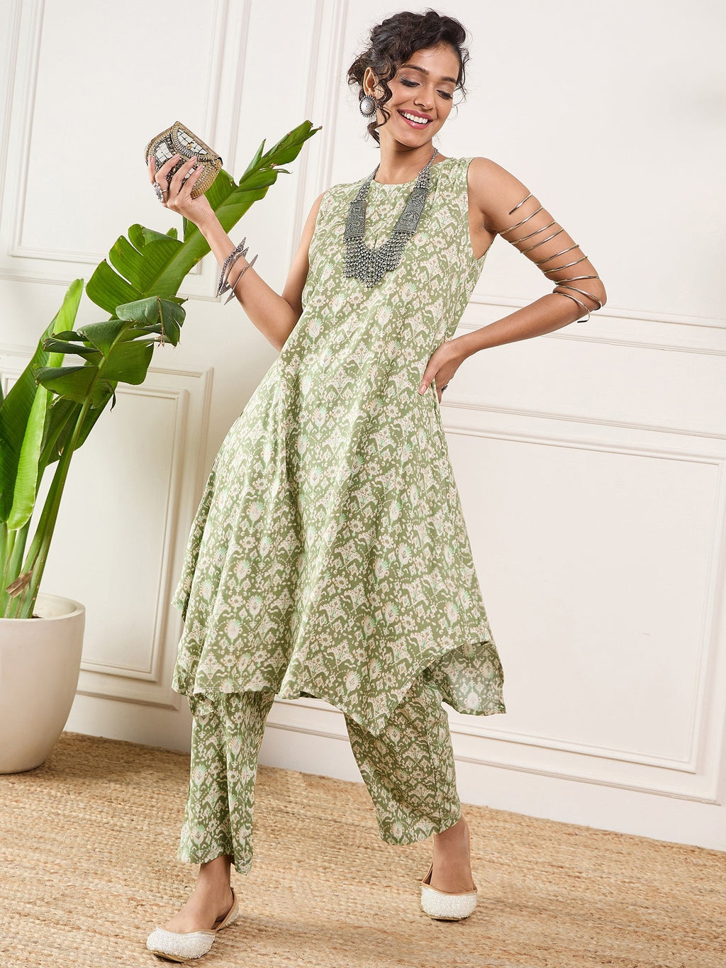 InWeave Apple Green Ikkat Print Foil Round Neck Kurta Pant Set | Grocsy