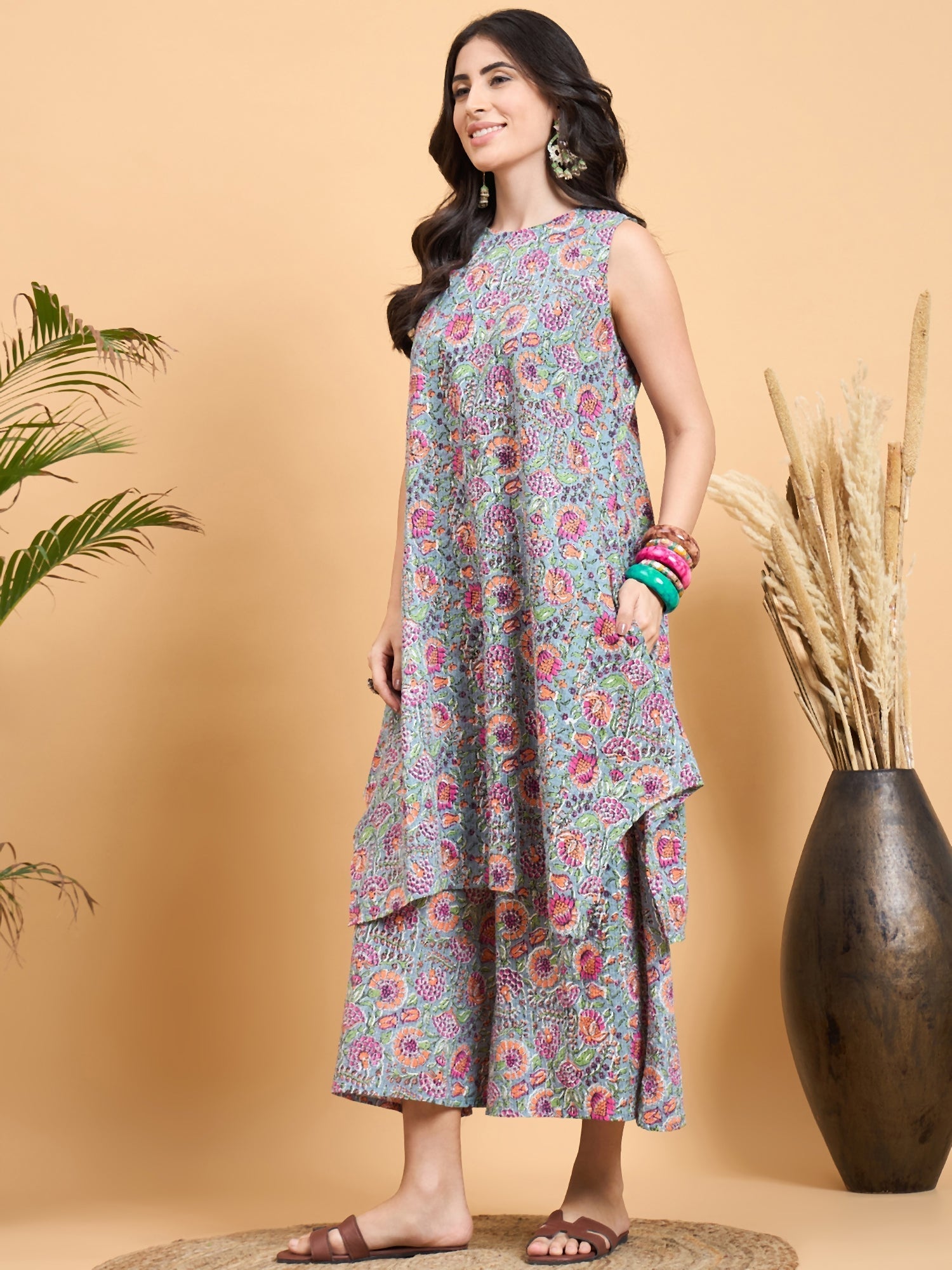 InWeave Grey Kantha Floral Jaal Short Palazzo Set | Grocsy