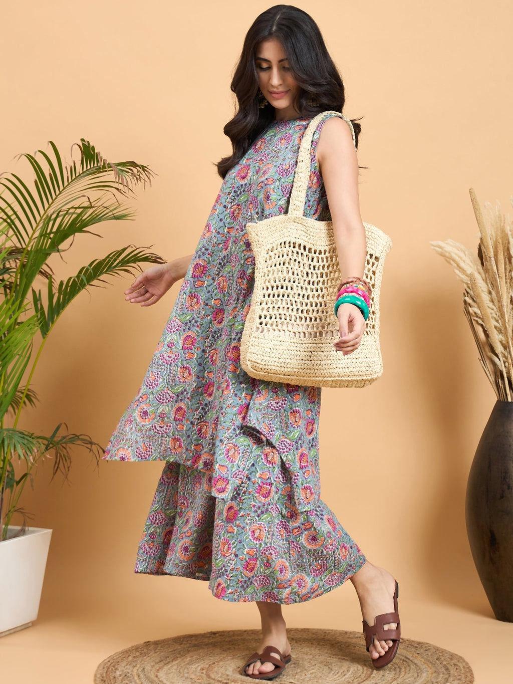 InWeave Grey Kantha Floral Jaal Short Palazzo Set | Grocsy