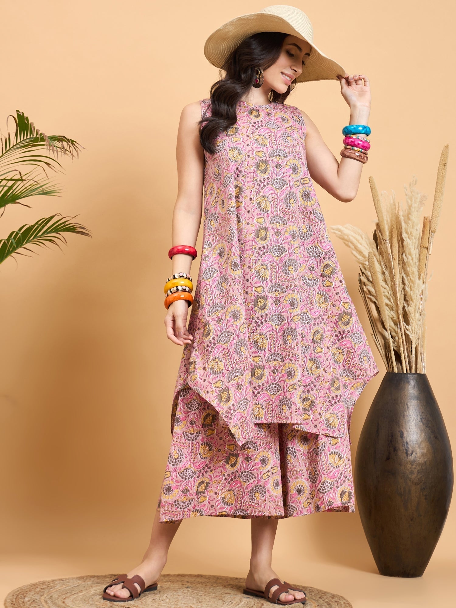 InWeave Pastel Pink Kantha Floral Jaal Short Palazzo Set | Grocsy