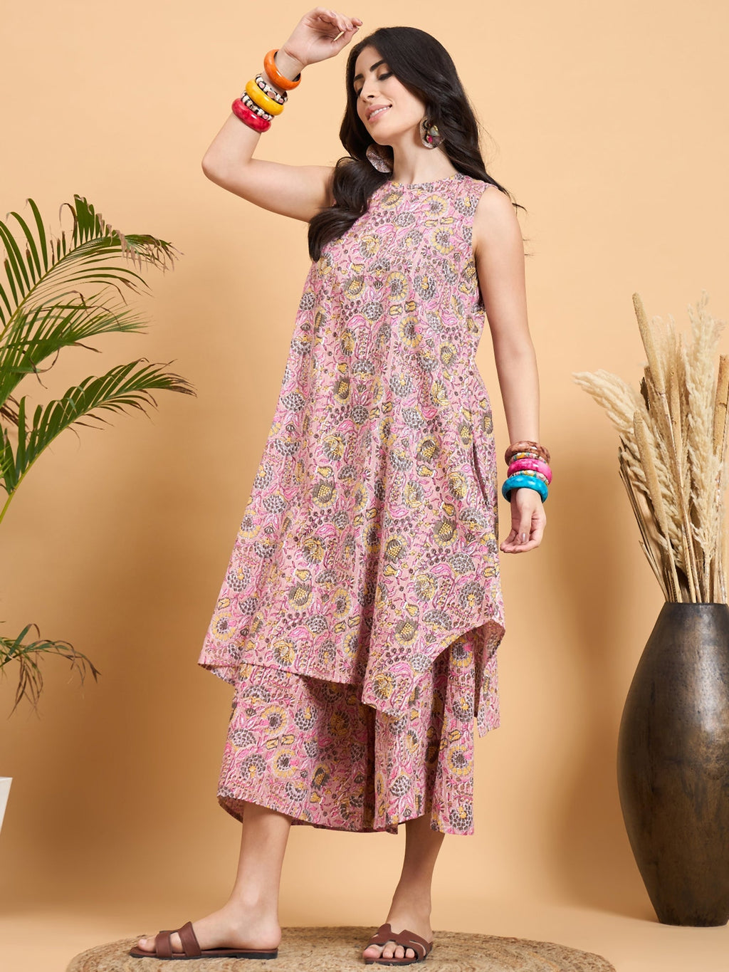 InWeave Pastel Pink Kantha Floral Jaal Short Palazzo Set | Grocsy