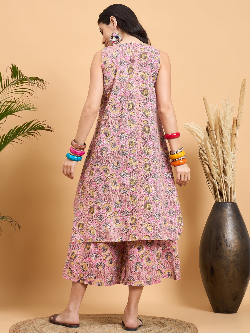 InWeave Pastel Pink Kantha Floral Jaal Short Palazzo Set | Grocsy