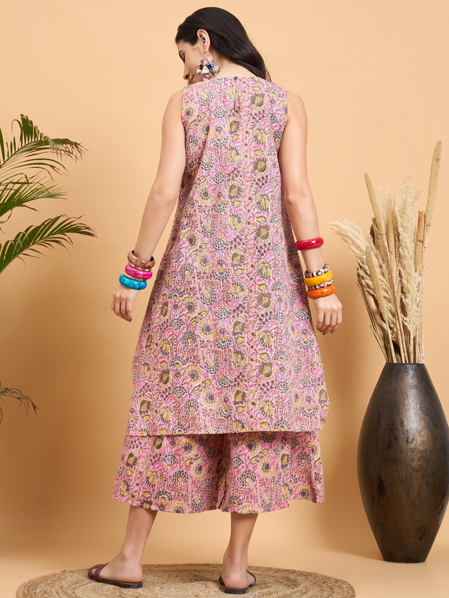 InWeave Pastel Pink Kantha Floral Jaal Short Palazzo Set | Grocsy