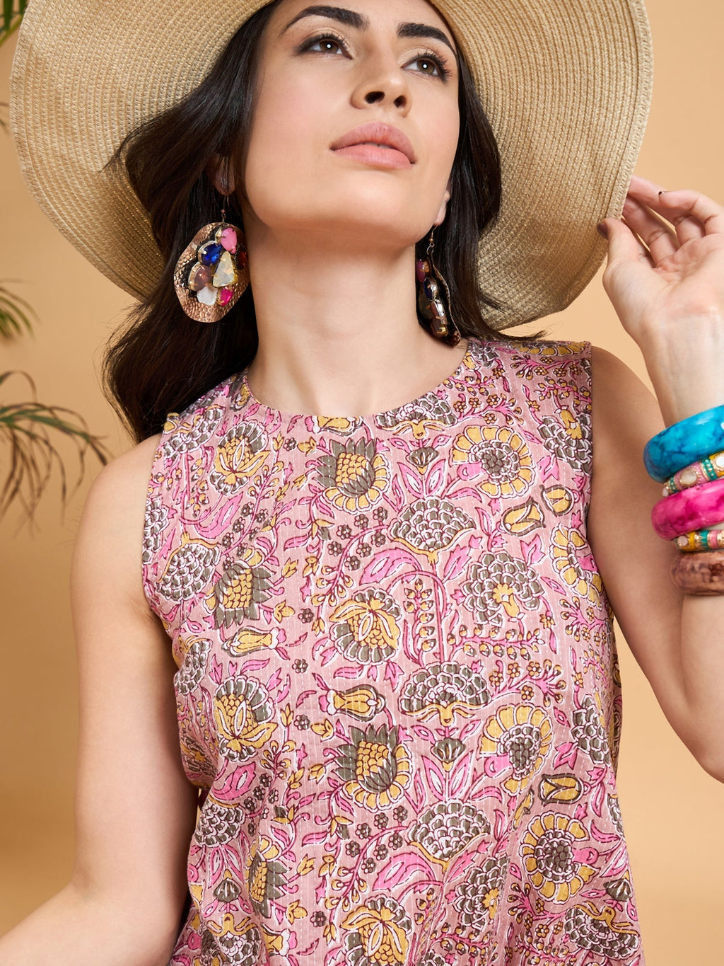 InWeave Pastel Pink Kantha Floral Jaal Short Palazzo Set | Grocsy