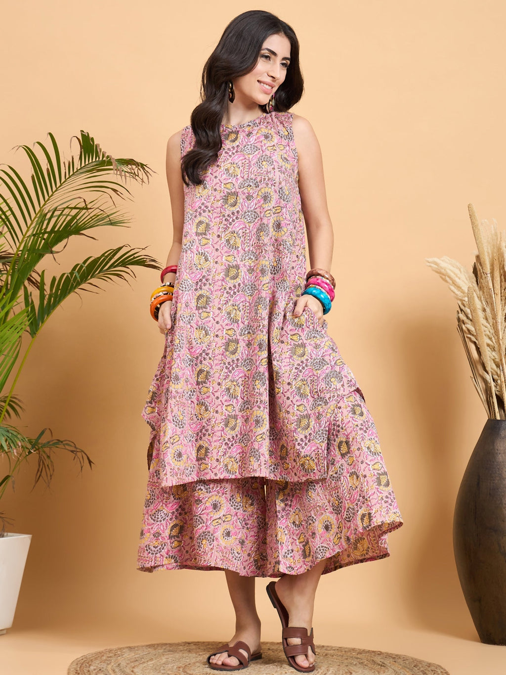 InWeave Pastel Pink Kantha Floral Jaal Short Palazzo Set | Grocsy