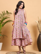 InWeave Pastel Pink Kantha Floral Jaal Short Palazzo Set | Grocsy