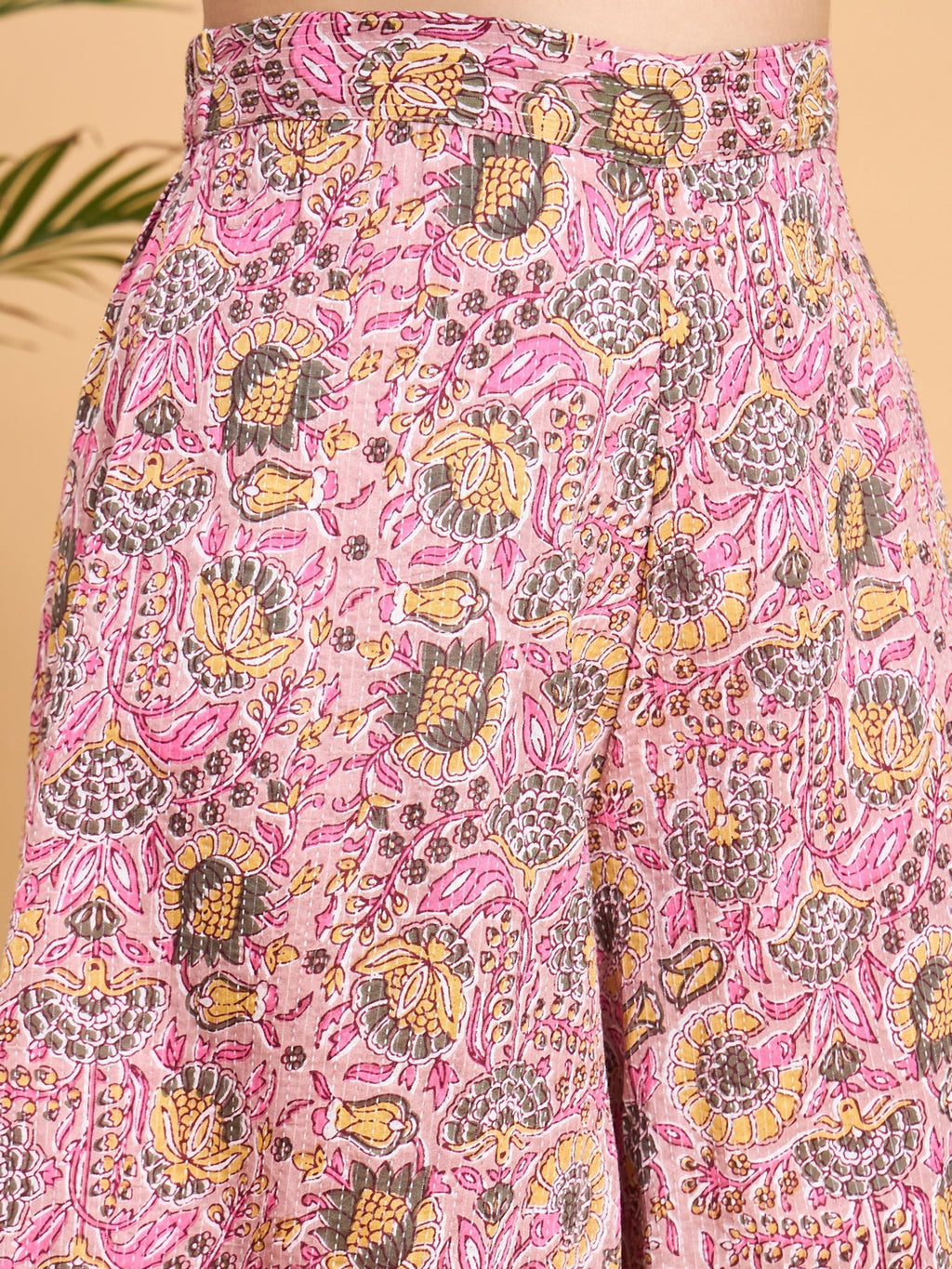 InWeave Pastel Pink Kantha Floral Jaal Short Palazzo Set | Grocsy