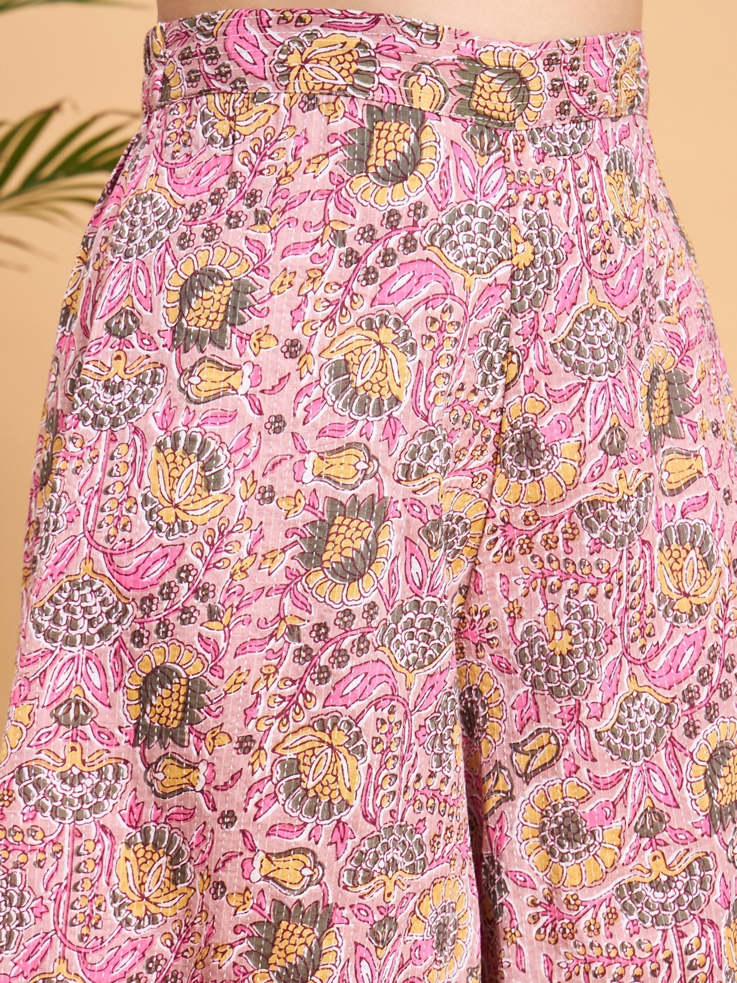 InWeave Pastel Pink Kantha Floral Jaal Short Palazzo Set | Grocsy