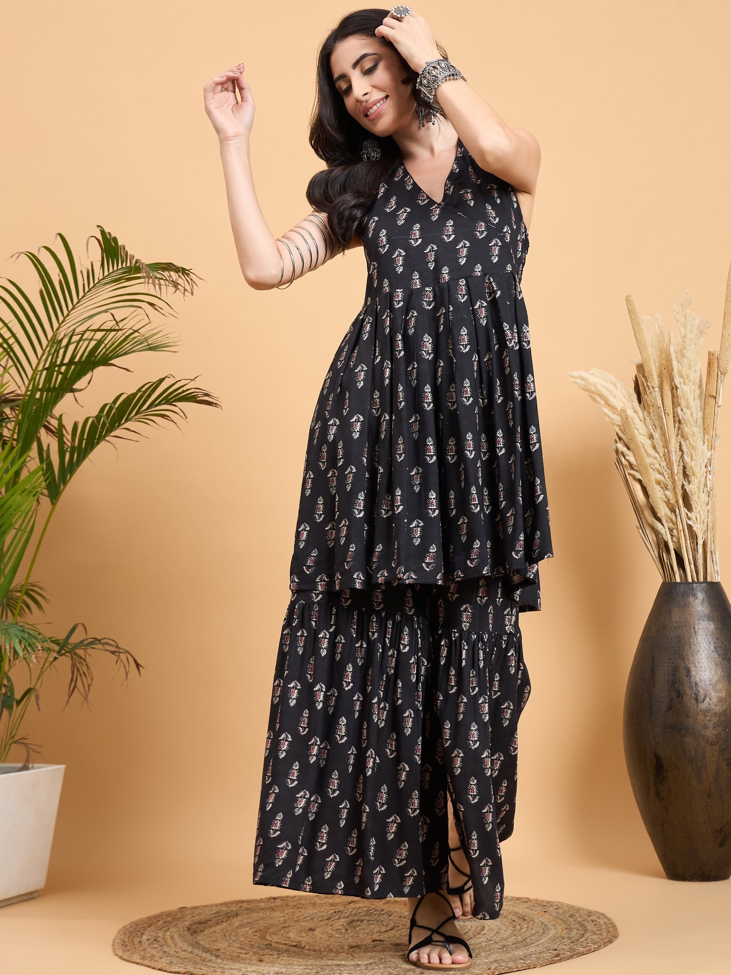 InWeave Black Booti Rapid Print Backless Kurta Sharara Set | Grocsy